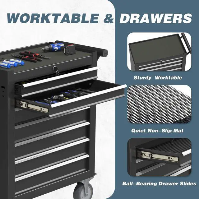 Alt view image 5 of 6 - 7-Drawer Tool Chest, Rolling Tool Box with Wheels, High Capacity Detachable Mobile Tool Storage Cabinet for Workshop, Garage, Mechanics and Repair Room (Black, 7-Drawer)