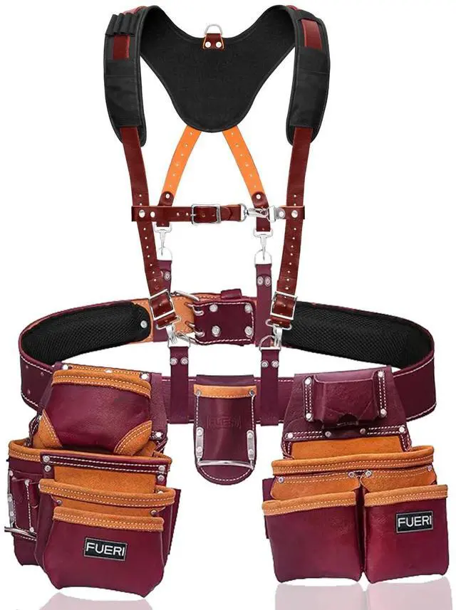 Main image of Leather Tool Belts with Suspender for Men, Heavy-Duty Durable Carpenter Tool Rig Organizer With 19 Pockets-2 Pouches, Padded Suspender, Hammer Holder, D-Loops & Foam-Padded Belt Electricians