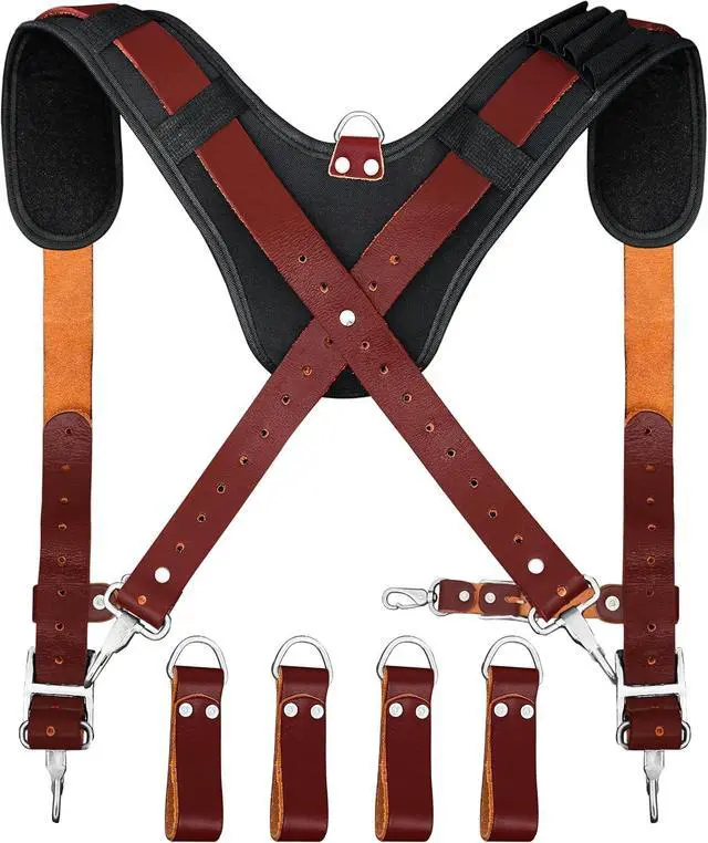 Alt view image 2 of 3 - Leather Tool Belts with Suspender for Men, Heavy-Duty Durable Carpenter Tool Rig Organizer With 19 Pockets-2 Pouches, Padded Suspender, Hammer Holder, D-Loops & Foam-Padded Belt Electricians