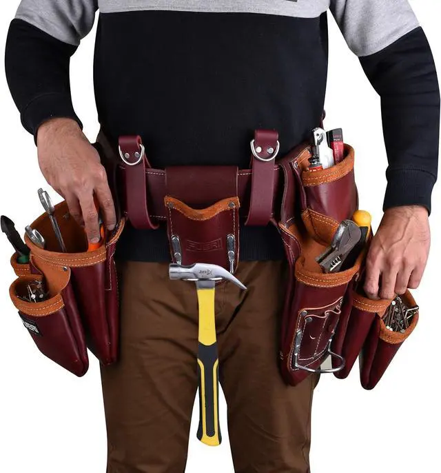 Alt view image 3 of 3 - Leather Tool Belts with Suspender for Men, Heavy-Duty Durable Carpenter Tool Rig Organizer With 19 Pockets-2 Pouches, Padded Suspender, Hammer Holder, D-Loops & Foam-Padded Belt Electricians