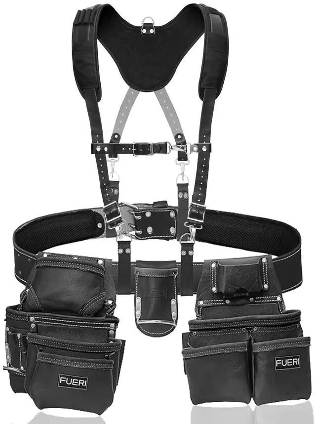 Main image of Leather Tool Belts with Suspender for Men, Heavy-Duty Durable Carpenter Tool Rig Organizer With 19 Pockets-2 Pouches, Padded Suspender, Hammer Holder, D-Loops & Foam-Padded Belt Electricians
