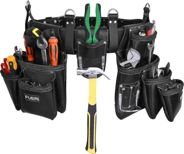 Alt view image 2 of 6 - Leather Tool Belts with Suspender for Men, Heavy-Duty Durable Carpenter Tool Rig Organizer With 19 Pockets-2 Pouches, Padded Suspender, Hammer Holder, D-Loops & Foam-Padded Belt Electricians