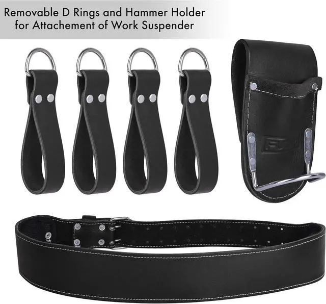 Alt view image 3 of 6 - Leather Tool Belts with Suspender for Men, Heavy-Duty Durable Carpenter Tool Rig Organizer With 19 Pockets-2 Pouches, Padded Suspender, Hammer Holder, D-Loops & Foam-Padded Belt Electricians