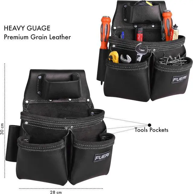 Alt view image 4 of 6 - Leather Tool Belts with Suspender for Men, Heavy-Duty Durable Carpenter Tool Rig Organizer With 19 Pockets-2 Pouches, Padded Suspender, Hammer Holder, D-Loops & Foam-Padded Belt Electricians