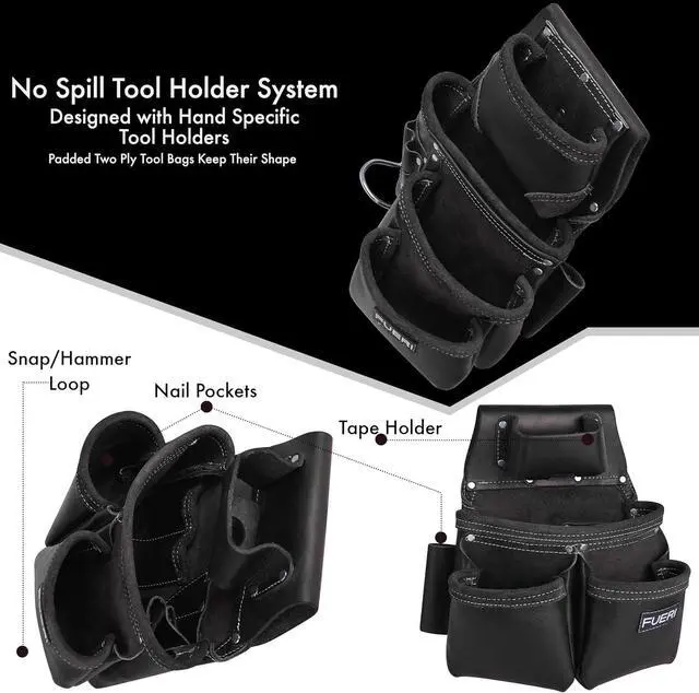 Alt view image 5 of 6 - Leather Tool Belts with Suspender for Men, Heavy-Duty Durable Carpenter Tool Rig Organizer With 19 Pockets-2 Pouches, Padded Suspender, Hammer Holder, D-Loops & Foam-Padded Belt Electricians