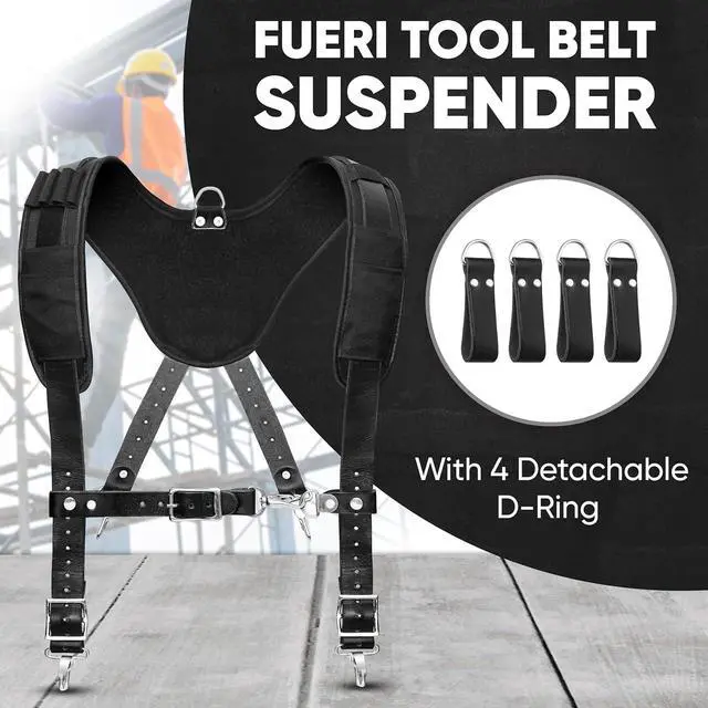 Alt view image 6 of 6 - Leather Tool Belts with Suspender for Men, Heavy-Duty Durable Carpenter Tool Rig Organizer With 19 Pockets-2 Pouches, Padded Suspender, Hammer Holder, D-Loops & Foam-Padded Belt Electricians