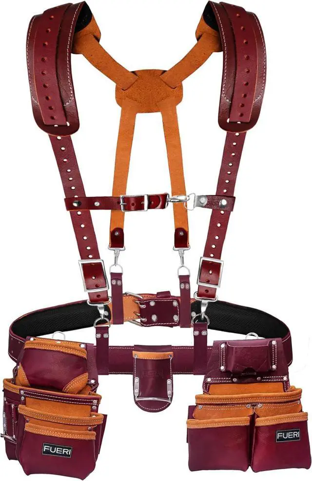 Main image of Leather Tool Belts with Suspender for Men, Heavy-Duty Durable Carpenter Tool Rig Organizer With 19 Pockets-2 Pouches, Padded Suspender, Hammer Holder, D-Loops & Foam-Padded Belt Electricians