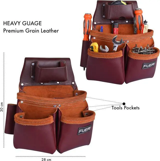 Alt view image 3 of 6 - Leather Tool Belts with Suspender for Men, Heavy-Duty Durable Carpenter Tool Rig Organizer With 19 Pockets-2 Pouches, Padded Suspender, Hammer Holder, D-Loops & Foam-Padded Belt Electricians