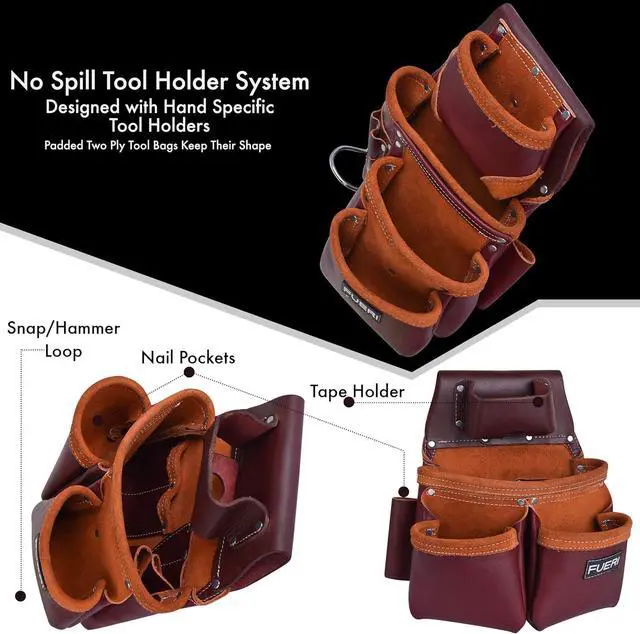Alt view image 5 of 6 - Leather Tool Belts with Suspender for Men, Heavy-Duty Durable Carpenter Tool Rig Organizer With 19 Pockets-2 Pouches, Padded Suspender, Hammer Holder, D-Loops & Foam-Padded Belt Electricians