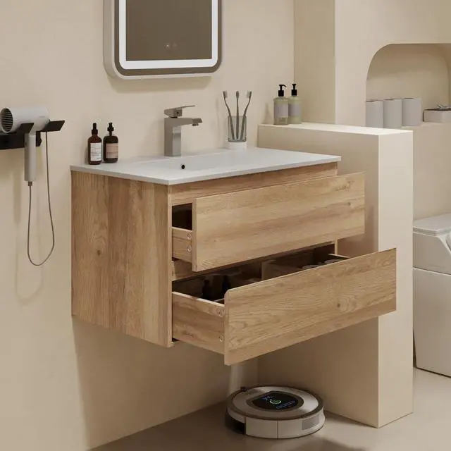 Alt view image 2 of 5 - Floating Bathroom Vanity Without Sink Wall Mounted Cabinet with 2 Soft-Close Drawers and Doors, Moisture-Resistant MDF,Large Storage for Small Space (30")