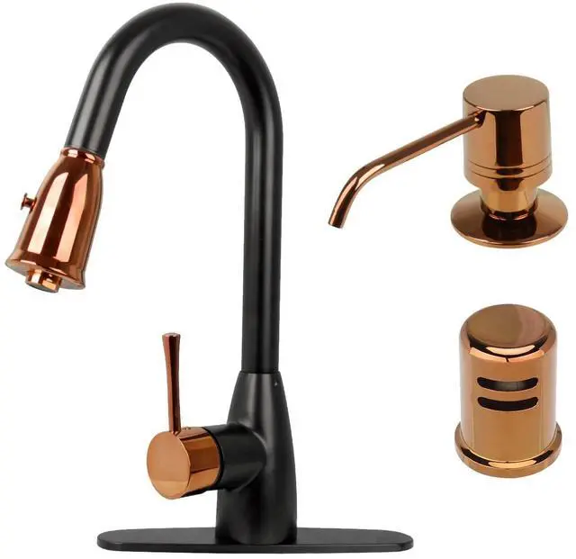 Main image of Two Tone Kitchen Faucet Set with Air Gap and Soap Dispenser, Single Handle Solid Brass High Arc Pull Down Sprayer Head Kitchen Sink Faucets with Deck Plate AK455