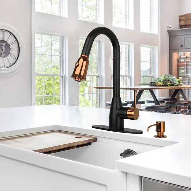 Alt view image 2 of 6 - Two Tone Kitchen Faucet Set with Air Gap and Soap Dispenser, Single Handle Solid Brass High Arc Pull Down Sprayer Head Kitchen Sink Faucets with Deck Plate AK455
