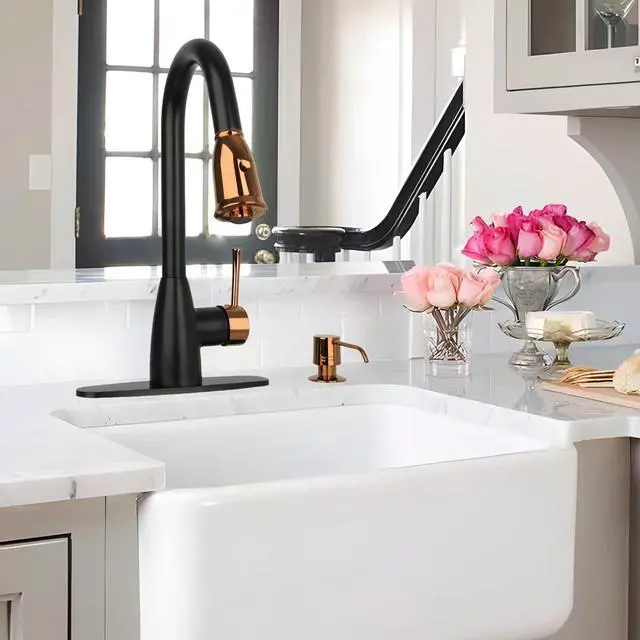 Alt view image 3 of 6 - Two Tone Kitchen Faucet Set with Air Gap and Soap Dispenser, Single Handle Solid Brass High Arc Pull Down Sprayer Head Kitchen Sink Faucets with Deck Plate AK455