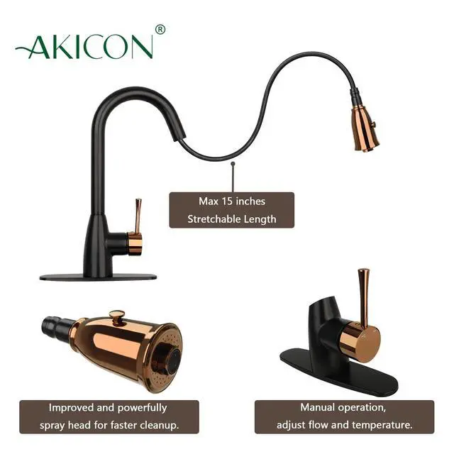Alt view image 5 of 6 - Two Tone Kitchen Faucet Set with Air Gap and Soap Dispenser, Single Handle Solid Brass High Arc Pull Down Sprayer Head Kitchen Sink Faucets with Deck Plate AK455