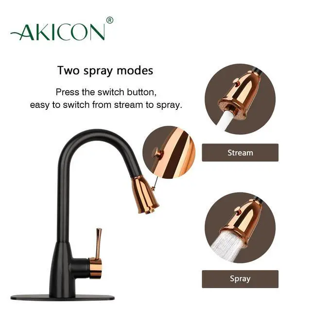 Alt view image 6 of 6 - Two Tone Kitchen Faucet Set with Air Gap and Soap Dispenser, Single Handle Solid Brass High Arc Pull Down Sprayer Head Kitchen Sink Faucets with Deck Plate AK455