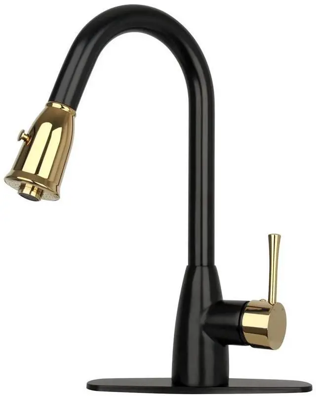 Main image of One-Handle Two-Tone Matte Black and Gold Pull Down Kitchen Faucet with Deck Plate - (Matte Black and Gold)