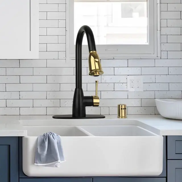 Alt view image 2 of 6 - One-Handle Two-Tone Matte Black and Gold Pull Down Kitchen Faucet with Deck Plate - (Matte Black and Gold)