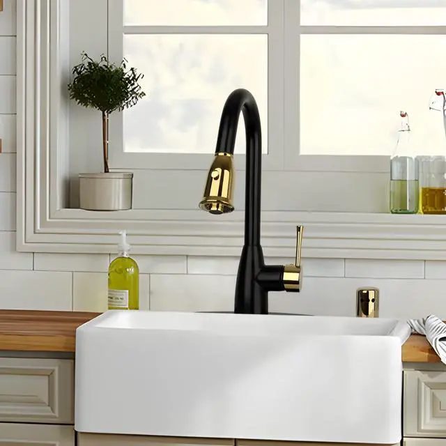 Alt view image 3 of 6 - One-Handle Two-Tone Matte Black and Gold Pull Down Kitchen Faucet with Deck Plate - (Matte Black and Gold)