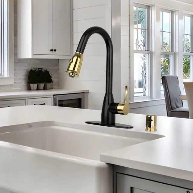 Alt view image 4 of 6 - One-Handle Two-Tone Matte Black and Gold Pull Down Kitchen Faucet with Deck Plate - (Matte Black and Gold)