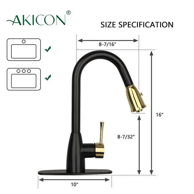 Alt view image 5 of 6 - One-Handle Two-Tone Matte Black and Gold Pull Down Kitchen Faucet with Deck Plate - (Matte Black and Gold)