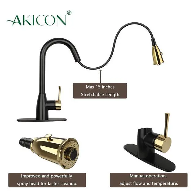 Alt view image 6 of 6 - One-Handle Two-Tone Matte Black and Gold Pull Down Kitchen Faucet with Deck Plate - (Matte Black and Gold)