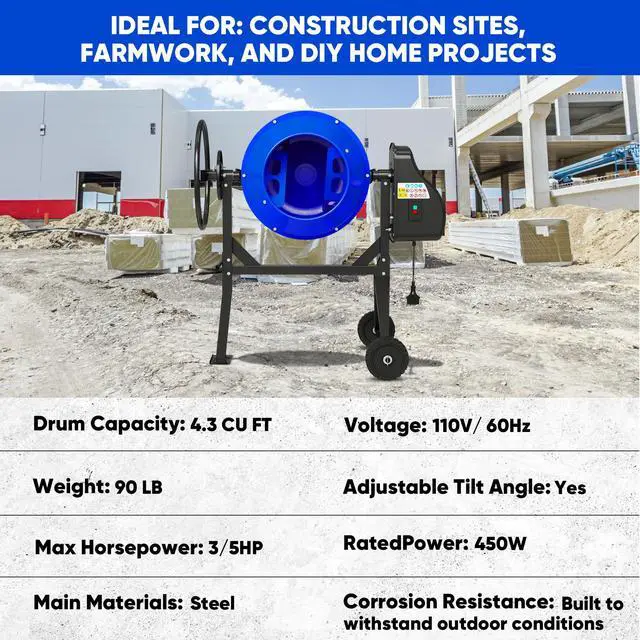 Alt view image 2 of 6 - 4.3 Cubic Ft Electric Cement Mixer, 3/5HP. 450W Portable Concrete Mixer Machine with Stand & Wheels for Stucco, Mortar, Seeds, Blue