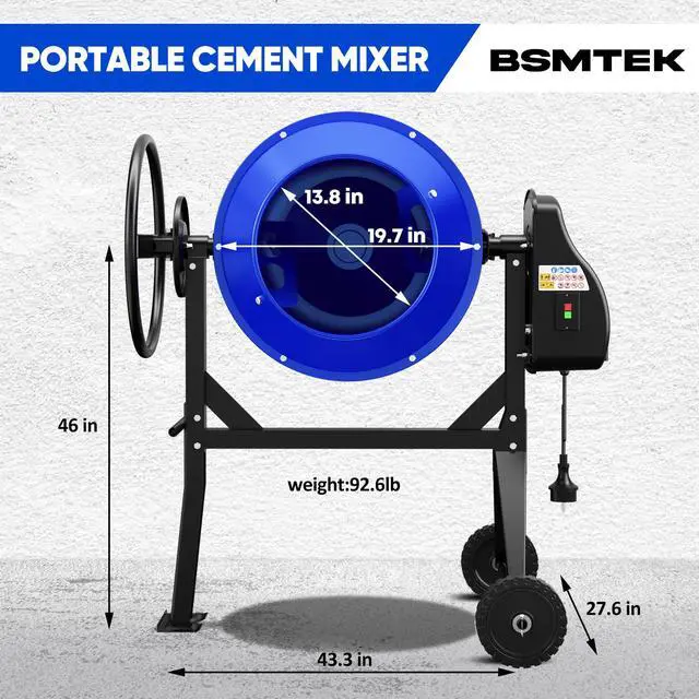 Alt view image 3 of 6 - 4.3 Cubic Ft Electric Cement Mixer, 3/5HP. 450W Portable Concrete Mixer Machine with Stand & Wheels for Stucco, Mortar, Seeds, Blue