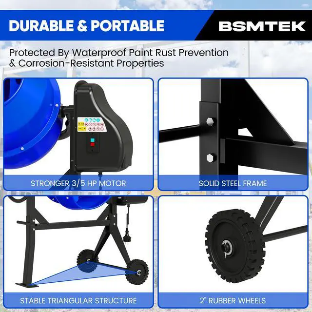 Alt view image 4 of 6 - 4.3 Cubic Ft Electric Cement Mixer, 3/5HP. 450W Portable Concrete Mixer Machine with Stand & Wheels for Stucco, Mortar, Seeds, Blue