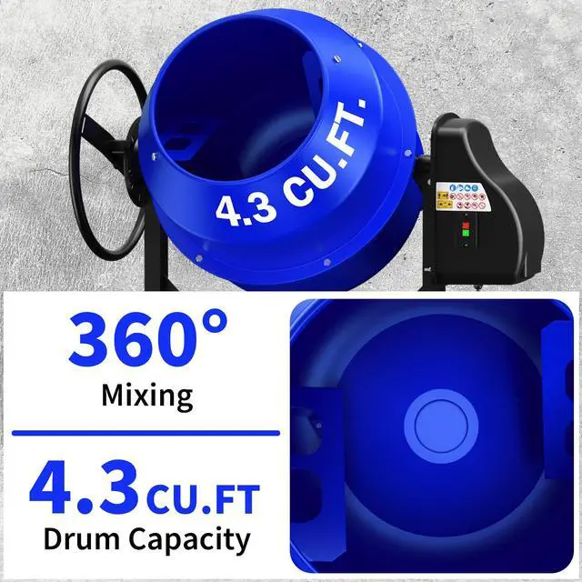 Alt view image 5 of 6 - 4.3 Cubic Ft Electric Cement Mixer, 3/5HP. 450W Portable Concrete Mixer Machine with Stand & Wheels for Stucco, Mortar, Seeds, Blue