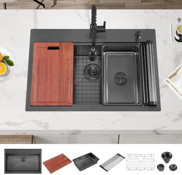 Main image of 33 Inch Black Large Single Bowl Drop in Workstation Kitchen Sink,33x22 Inch Stainless Steel Handmade Workstation Ledge Drop in Kitchen Sink