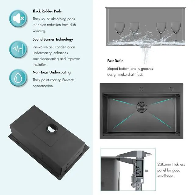 Alt view image 6 of 6 - 33 Inch Black Large Single Bowl Drop in Workstation Kitchen Sink,33x22 Inch Stainless Steel Handmade Workstation Ledge Drop in Kitchen Sink