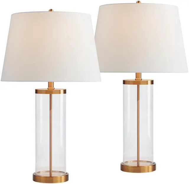 Main image of 26" High Cylinder Country Cottage Table Lamps Set of 2 Fillable Clear Gold Finish Glass Metal White Shade Living Room Bedroom Bedside Nightstand House Office Home Kitchen