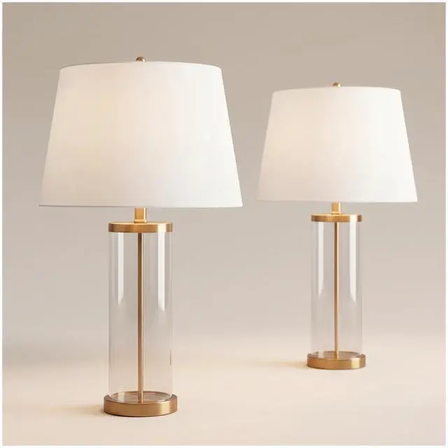 Alt view image 2 of 6 - 26" High Cylinder Country Cottage Table Lamps Set of 2 Fillable Clear Gold Finish Glass Metal White Shade Living Room Bedroom Bedside Nightstand House Office Home Kitchen