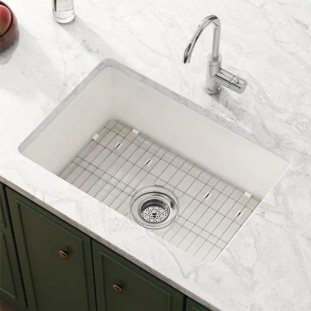Main image of Drop in Kitchen Sink, 27" x 19" Undermount Kitchen Sink 27 Inch Fireclay Sink Dual Mount White Kitchen Sink Topmount Deep Single Bowl with Bottom Grid and Strainer Drain