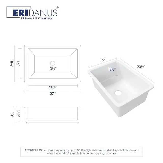 Alt view image 4 of 6 - Drop in Kitchen Sink, 27" x 19" Undermount Kitchen Sink 27 Inch Fireclay Sink Dual Mount White Kitchen Sink Topmount Deep Single Bowl with Bottom Grid and Strainer Drain