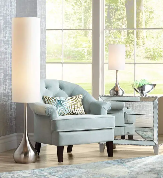 Alt view image 6 of 6 - Modern Mid Century Modern Droplet-Shaped Floor Lamp 62" Tall Brushed Nickel Silver Metal Cotton Blend Cylinder Drum Shade Decor for Living Room Reading House Bedroom Home