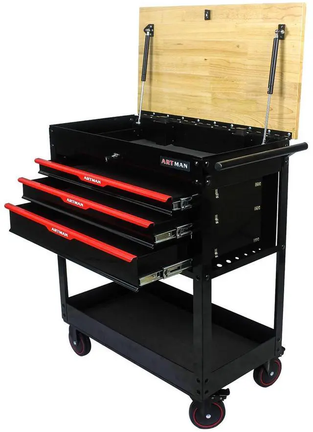 Main image of 3-Drawer Rolling Tool Cart with Lift-Up Wooden Top, Heavy Duty Mobile Tool Cabinet with Secure Lock and Wheels, Multi-Functional Storage for Garage and Workshop