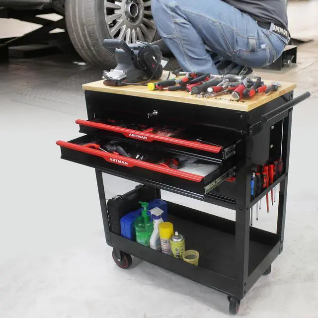 Alt view image 2 of 6 - 3-Drawer Rolling Tool Cart with Lift-Up Wooden Top, Heavy Duty Mobile Tool Cabinet with Secure Lock and Wheels, Multi-Functional Storage for Garage and Workshop