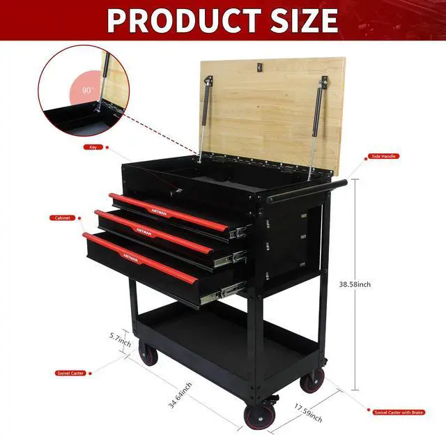 Alt view image 3 of 6 - 3-Drawer Rolling Tool Cart with Lift-Up Wooden Top, Heavy Duty Mobile Tool Cabinet with Secure Lock and Wheels, Multi-Functional Storage for Garage and Workshop