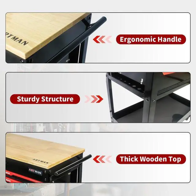 Alt view image 4 of 6 - 3-Drawer Rolling Tool Cart with Lift-Up Wooden Top, Heavy Duty Mobile Tool Cabinet with Secure Lock and Wheels, Multi-Functional Storage for Garage and Workshop