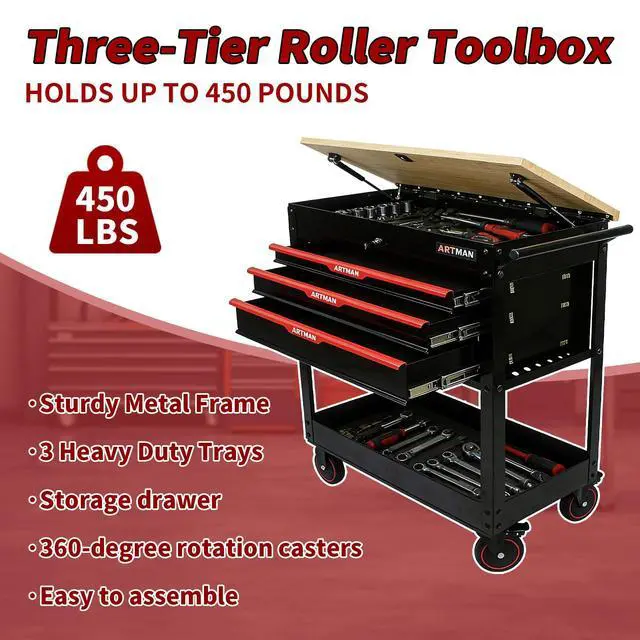 Alt view image 6 of 6 - 3-Drawer Rolling Tool Cart with Lift-Up Wooden Top, Heavy Duty Mobile Tool Cabinet with Secure Lock and Wheels, Multi-Functional Storage for Garage and Workshop