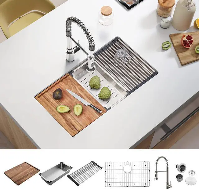 Main image of 30-inch Undermount Handmade Workstation 304 Stainless Steel Kitchen Sink Single Bowl Basin Faucet Combo in With Grid cutting board colander drying rack and Strainer