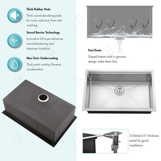 Alt view image 6 of 6 - 30-inch Undermount Handmade Workstation 304 Stainless Steel Kitchen Sink Single Bowl Basin Faucet Combo in With Grid cutting board colander drying rack and Strainer