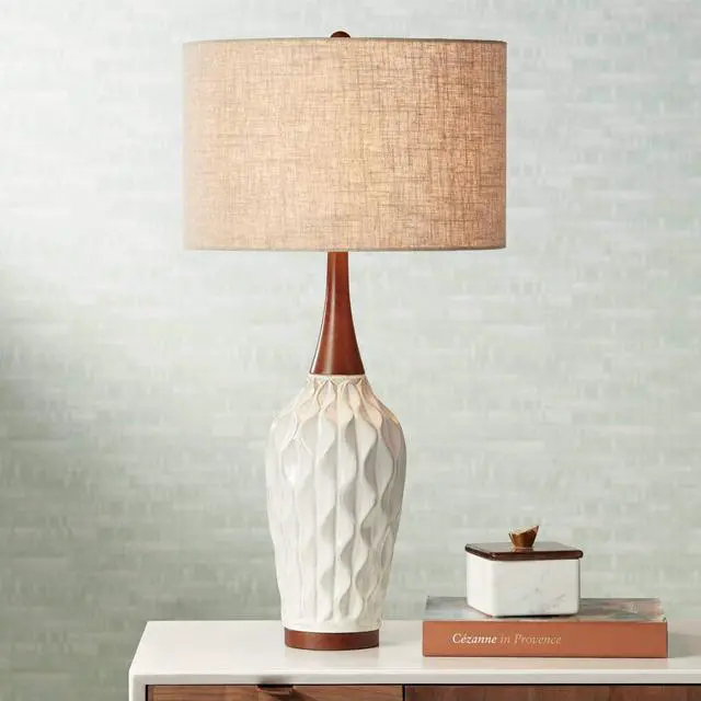 Main image of Rocco Mid Century Modern Table Lamp 30" Tall White Wave Geometric Ceramic Oak Wooden Neck Tan Fabric Drum Shade for Cottage Core Living Room Bedroom House Bedside Nightstand Home Office