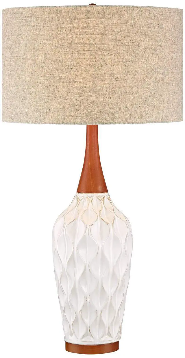Alt view image 2 of 6 - Rocco Mid Century Modern Table Lamp 30" Tall White Wave Geometric Ceramic Oak Wooden Neck Tan Fabric Drum Shade for Cottage Core Living Room Bedroom House Bedside Nightstand Home Office