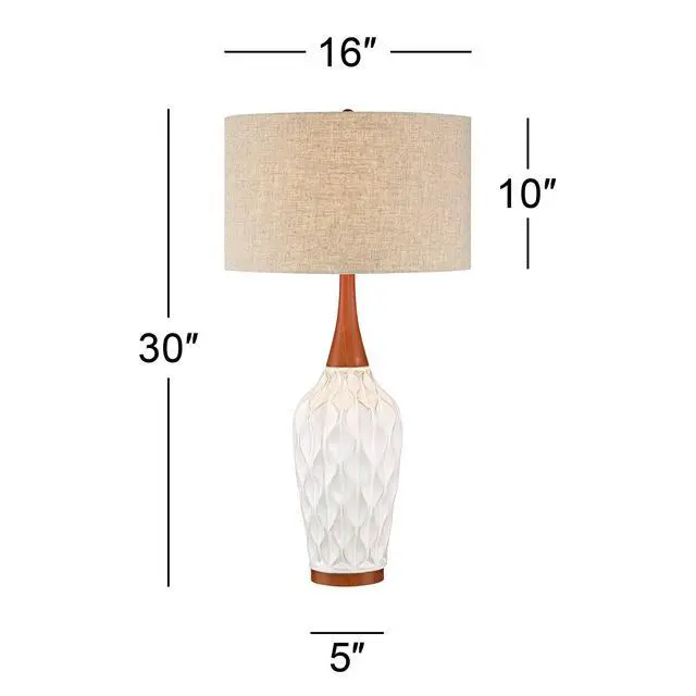 Alt view image 4 of 6 - Rocco Mid Century Modern Table Lamp 30" Tall White Wave Geometric Ceramic Oak Wooden Neck Tan Fabric Drum Shade for Cottage Core Living Room Bedroom House Bedside Nightstand Home Office