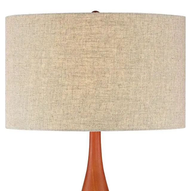 Alt view image 6 of 6 - Rocco Mid Century Modern Table Lamp 30" Tall White Wave Geometric Ceramic Oak Wooden Neck Tan Fabric Drum Shade for Cottage Core Living Room Bedroom House Bedside Nightstand Home Office