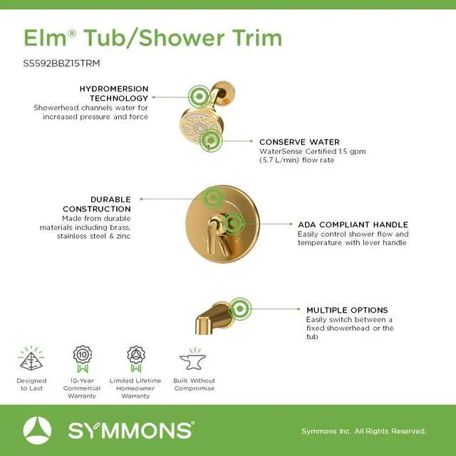 Alt view image 3 of 3 - Elm Single Handle Wall Mount Tub and Shower Trim Kit with Diverter Lever - Valve Not Included - 1.5 GPM Flow Rate - S5592BBZ15TRM