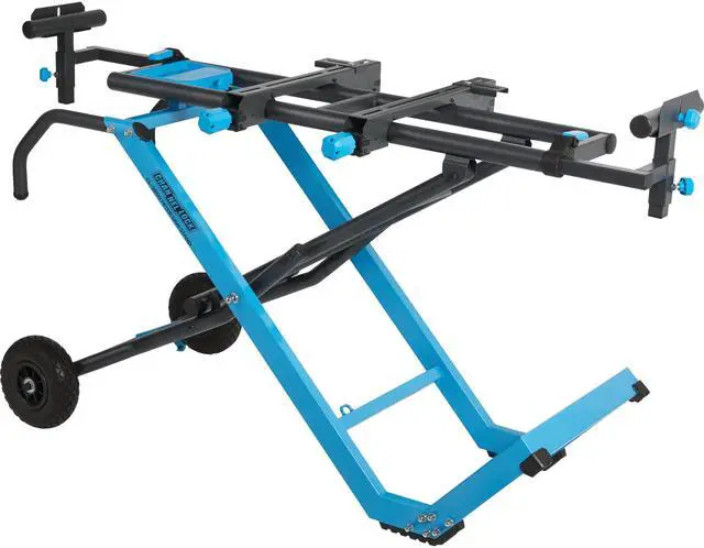 Main image of Folding Miter Saw Stand - Heavy-Duty Steel, Rolling Mobile Base, 10 Ft Extension - Blue