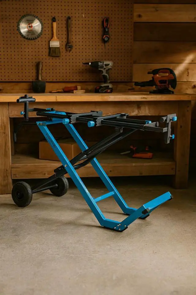 Alt view image 3 of 3 - Folding Miter Saw Stand - Heavy-Duty Steel, Rolling Mobile Base, 10 Ft Extension - Blue